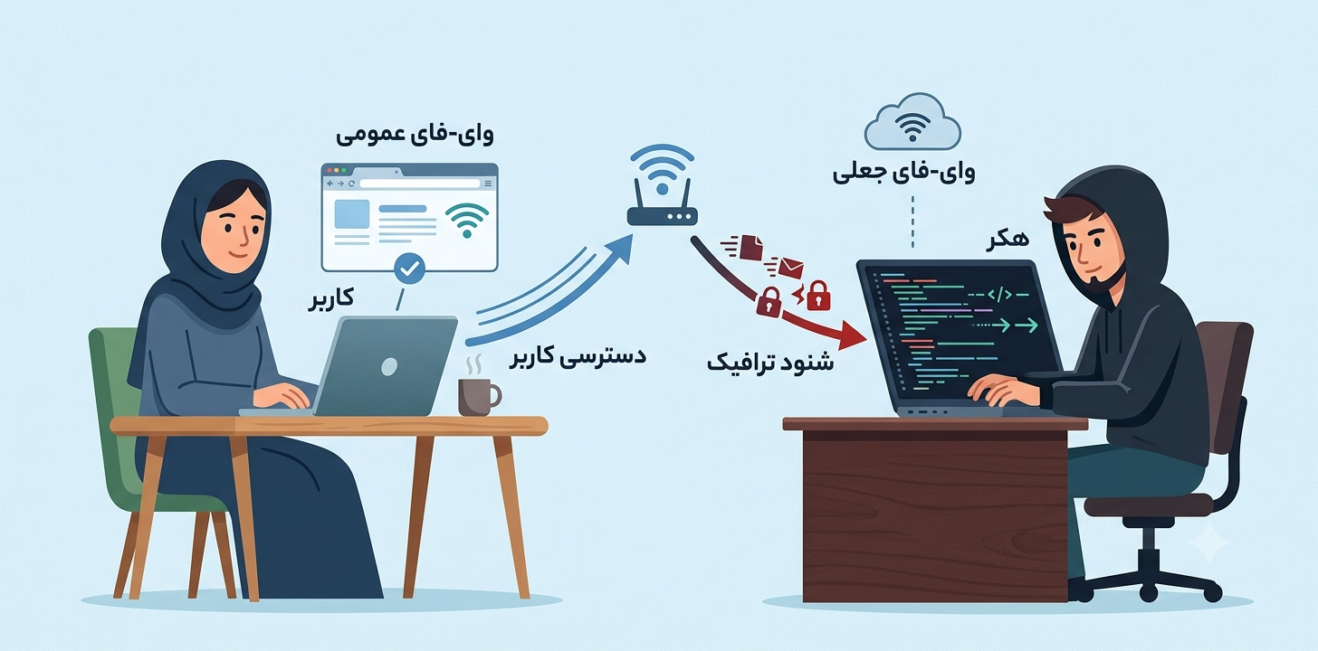 نحوه اتصال کاربر به وای‌فای جعلی - کمین‌گاه